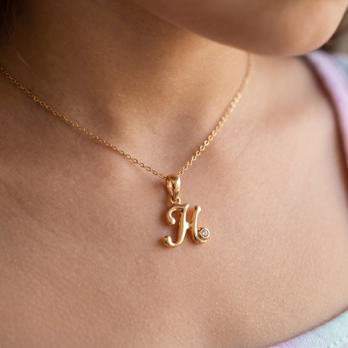 18kt Gold H Initial Daily Wear Diamond Pendant for Kids