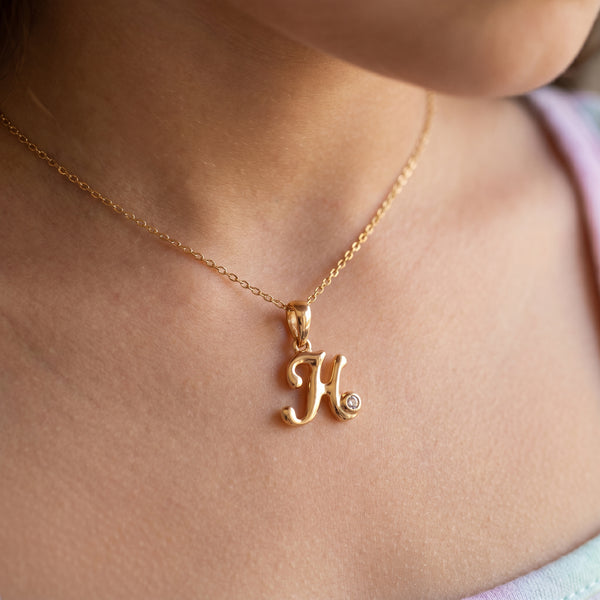18kt Gold H Initial Daily Wear Diamond Pendant for Kids