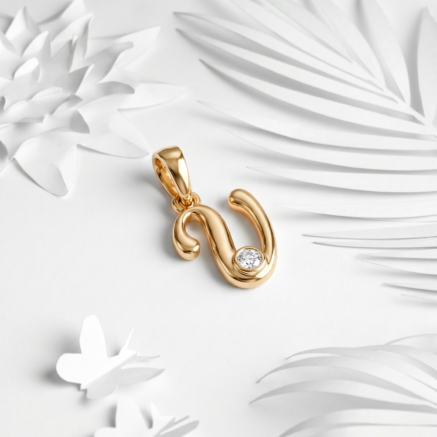 18kt Gold U Initial Daily Wear Diamond Pendant for Kids