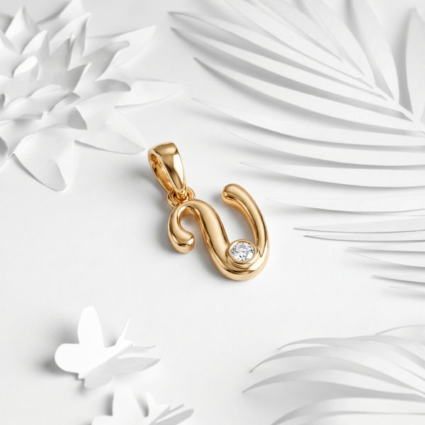 18kt Gold U Initial Daily Wear Diamond Pendant for Kids