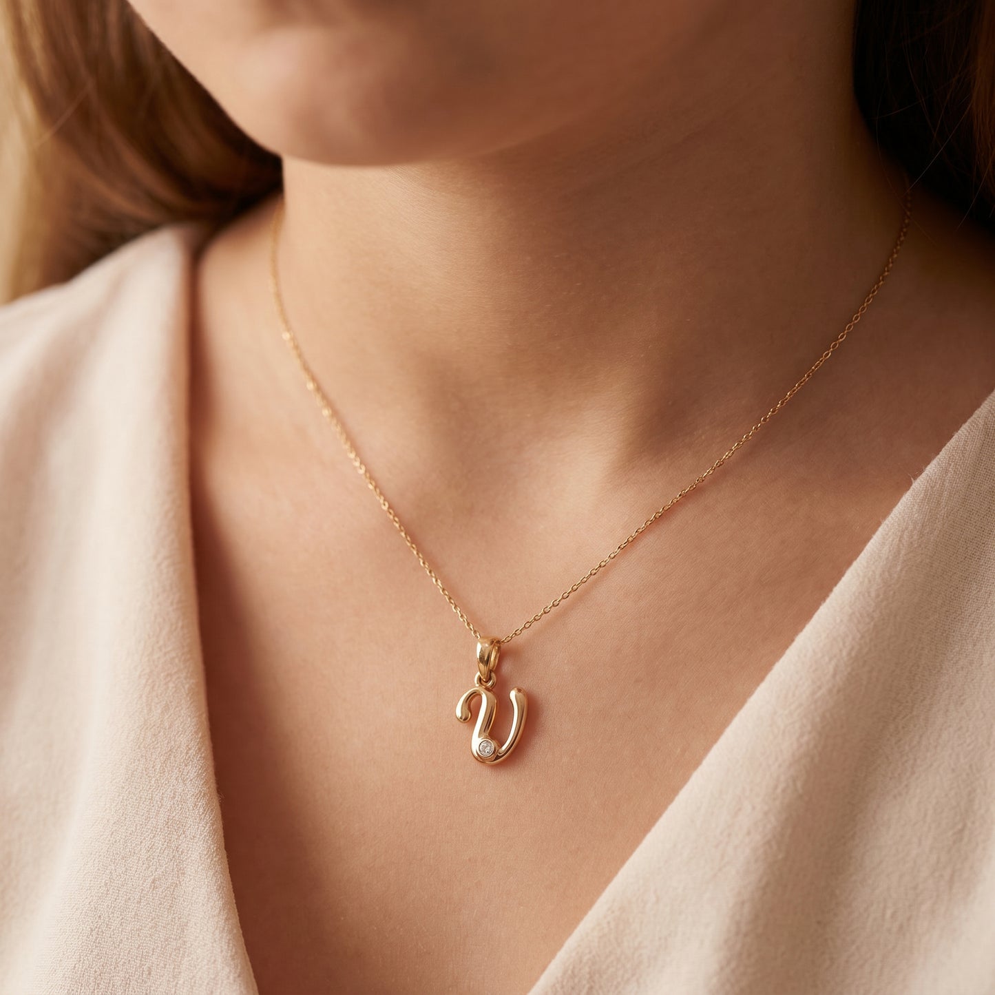 18kt Gold U Initial Daily Wear Diamond Pendant for Kids