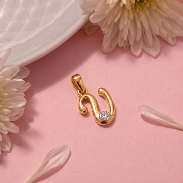 18kt Gold U Initial Everyday Wear Diamond Pendant for Kids