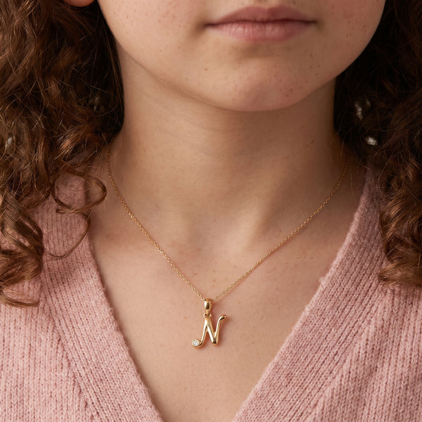 18kt Gold N Initial Everyday Wear Diamond Pendant for Kids