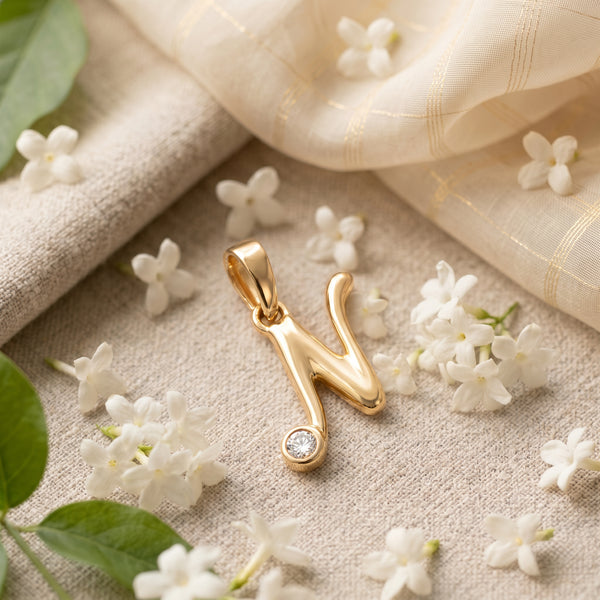 18kt Gold N Initial Daily Wear Diamond Pendant for Kids