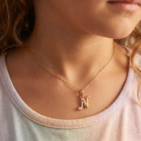 18kt Gold N Initial Daily Wear Diamond Pendant for Kids