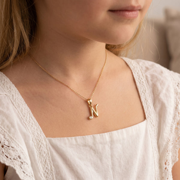 18kt Gold N Initial Daily Wear Diamond Pendant for Kids