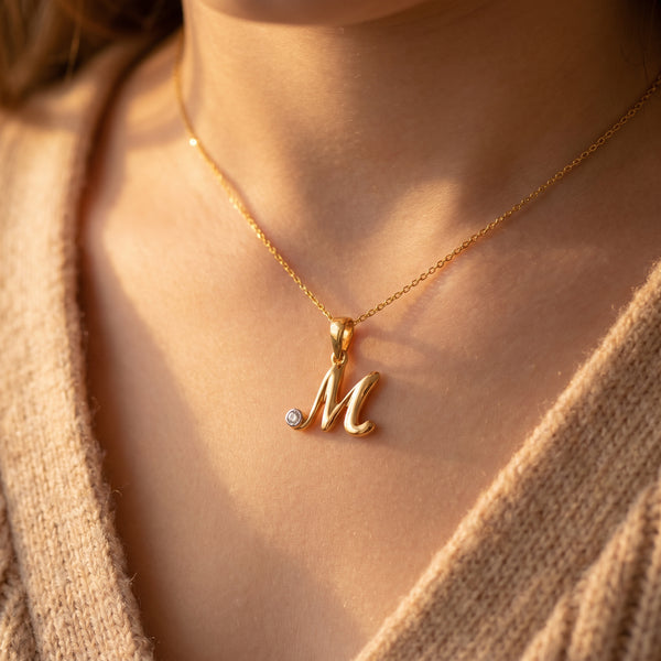 18kt Gold M Initial Daily Wear Diamond Pendant for Kids