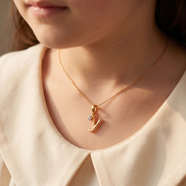 18kt Gold Y Initial Daily Wear Diamond Pendant for Kids
