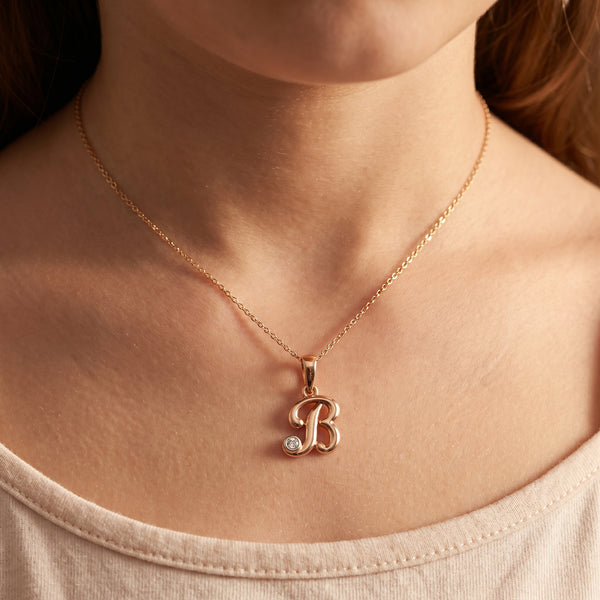 18kt Gold B Initial Daily Wear Diamond Pendant for Kids