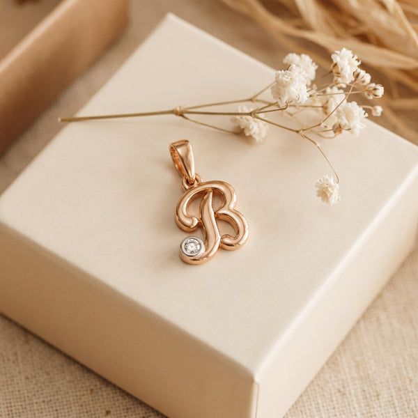 18kt Gold B Initial Daily Wear Diamond Pendant for Kids