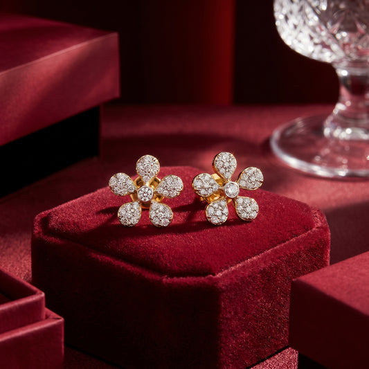 18Kt Yellow Gold Diamond Floral Stud Earrings