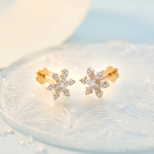 18Kt Yellow Gold Diamond Snowflake Stud Earrings