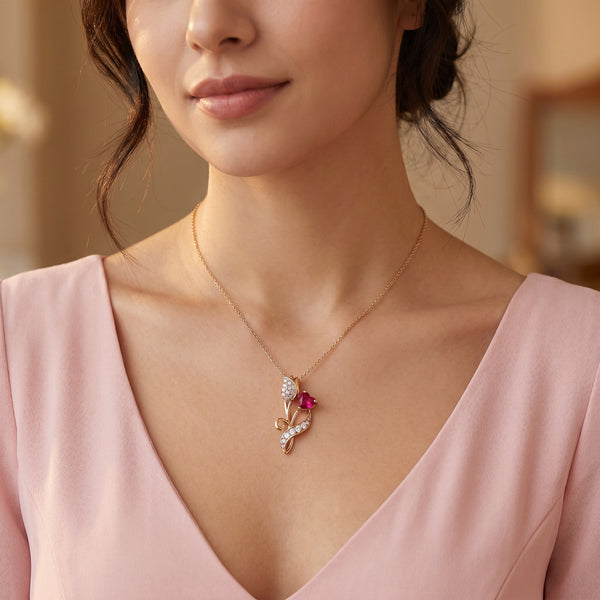 18Kt Yellow Gold Ruby Heart Flower Pendant for Women