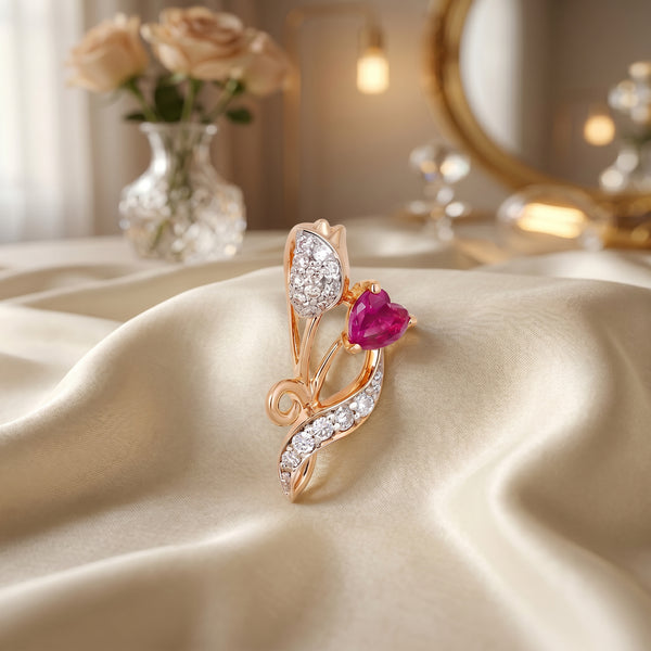 18Kt Yellow Gold Ruby Heart Flower Pendant for Women
