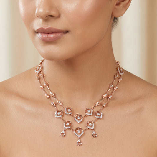 18Kt Rose Gold Diamond Teardrop Layered Necklace for Women