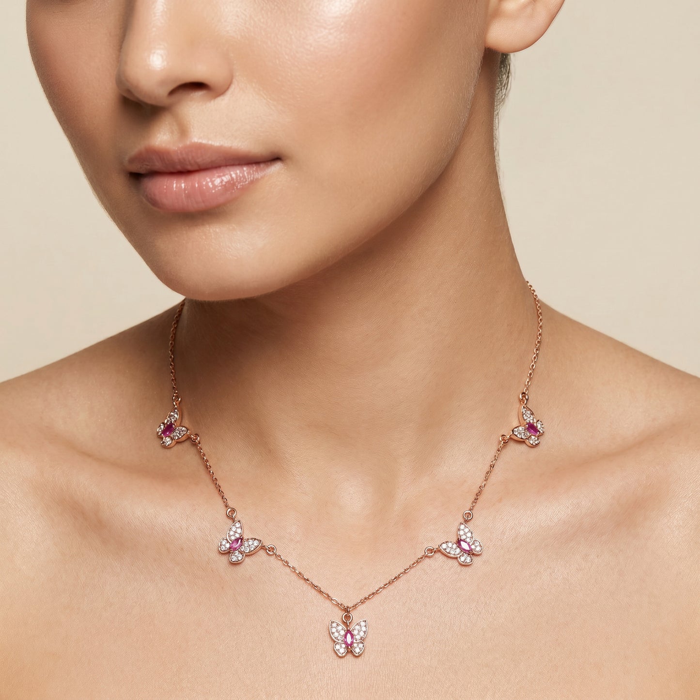 18Kt Rose Gold Butterfly Charms Diamond Necklace for Women