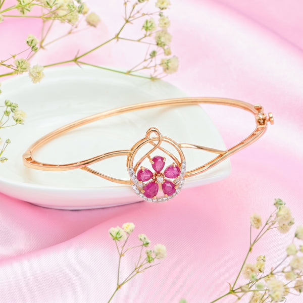 18Kt Gold Flower & Diamond Kada Bangle for Women
