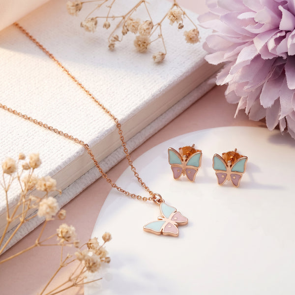18kt Rose Gold Butterfly Enamel Pendant Set for Kids  