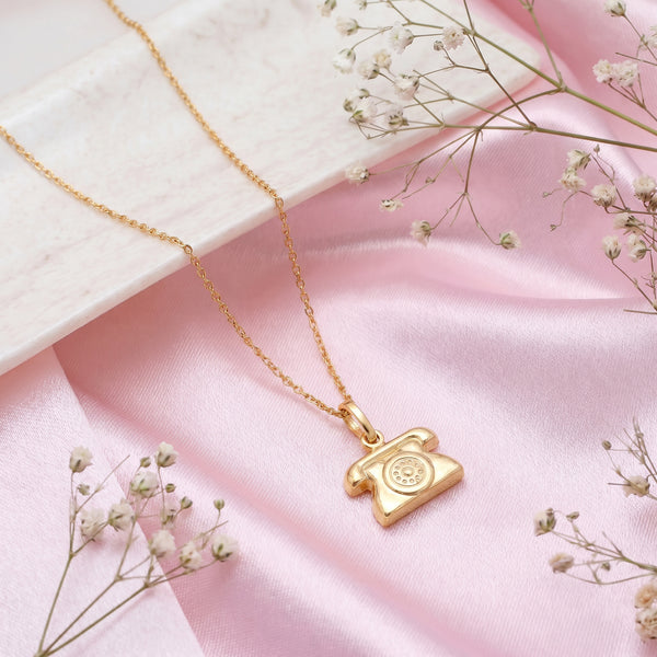18kt Yellow Gold Retro Telephone Charm Pendant Necklace for Kids  