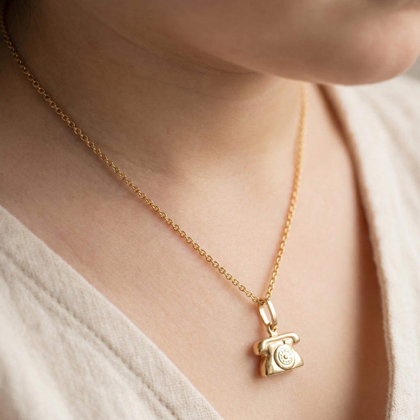 18kt Yellow Gold Retro Telephone Charm Pendant Necklace for Kids  
