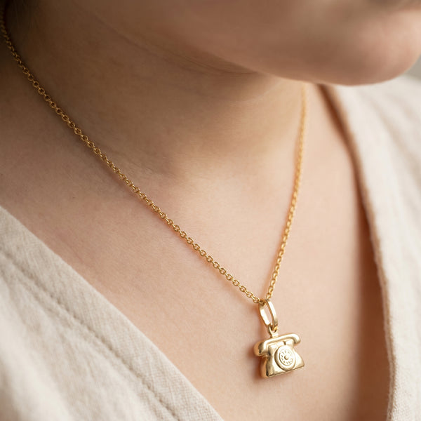 18kt Yellow Gold Retro Telephone Charm Pendant Necklace for Kids  