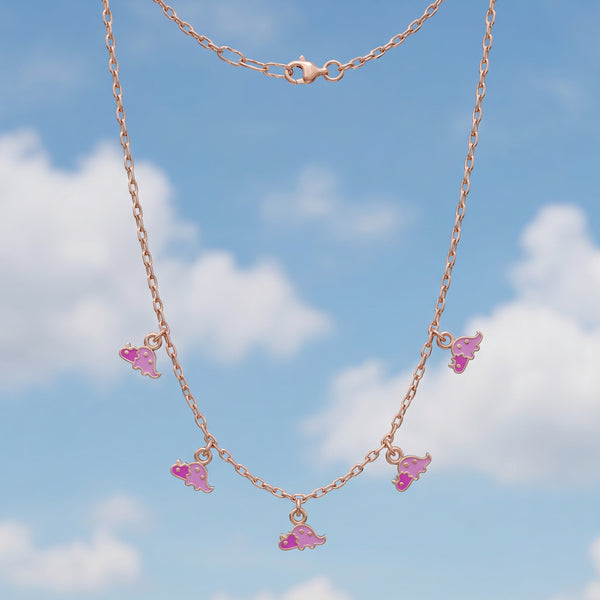 18Kt Gold Pink Dinosaur Enamel Charm Necklace for Kids