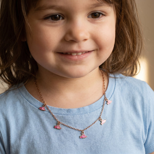 18Kt Gold Pink Dinosaur Enamel Charm Necklace for Kids