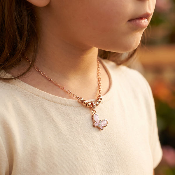 18kt Rose Gold Butterfly Enamel Pendant Chain for Kids  