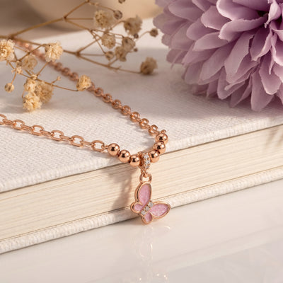 18kt Rose Gold Butterfly Enamel Pendant Chain for Kids  