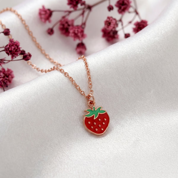 18kt Rose Gold Strawberry Enamel Charm Pendant Necklace for Kids