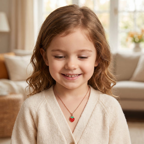 18kt Rose Gold Strawberry Enamel Charm Pendant Necklace for Kids