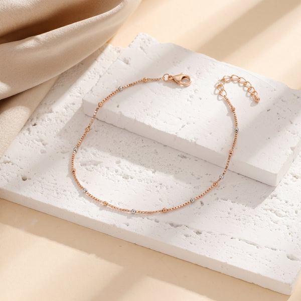 18kt Rose Gold Bead Station Anklet for Women | Two-Tone Box Chain