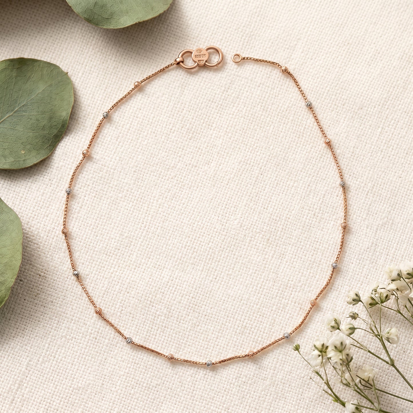 18kt Rose Gold Two-Tone Diamond Cut Bead Anklet