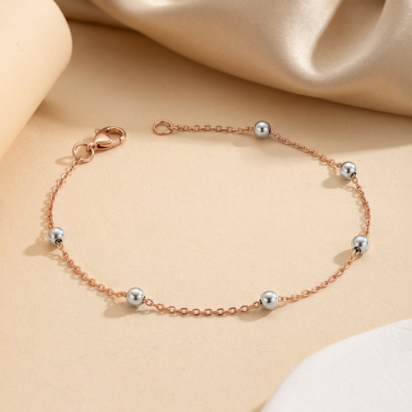 18Kt Rose Gold Bead Charm Anklet for Women