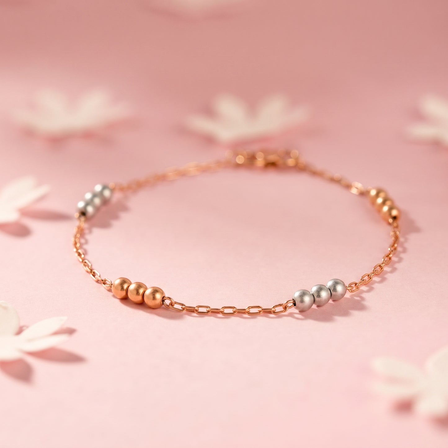 18kt Rose Gold Two-Tone Triple Bead Station Anklet