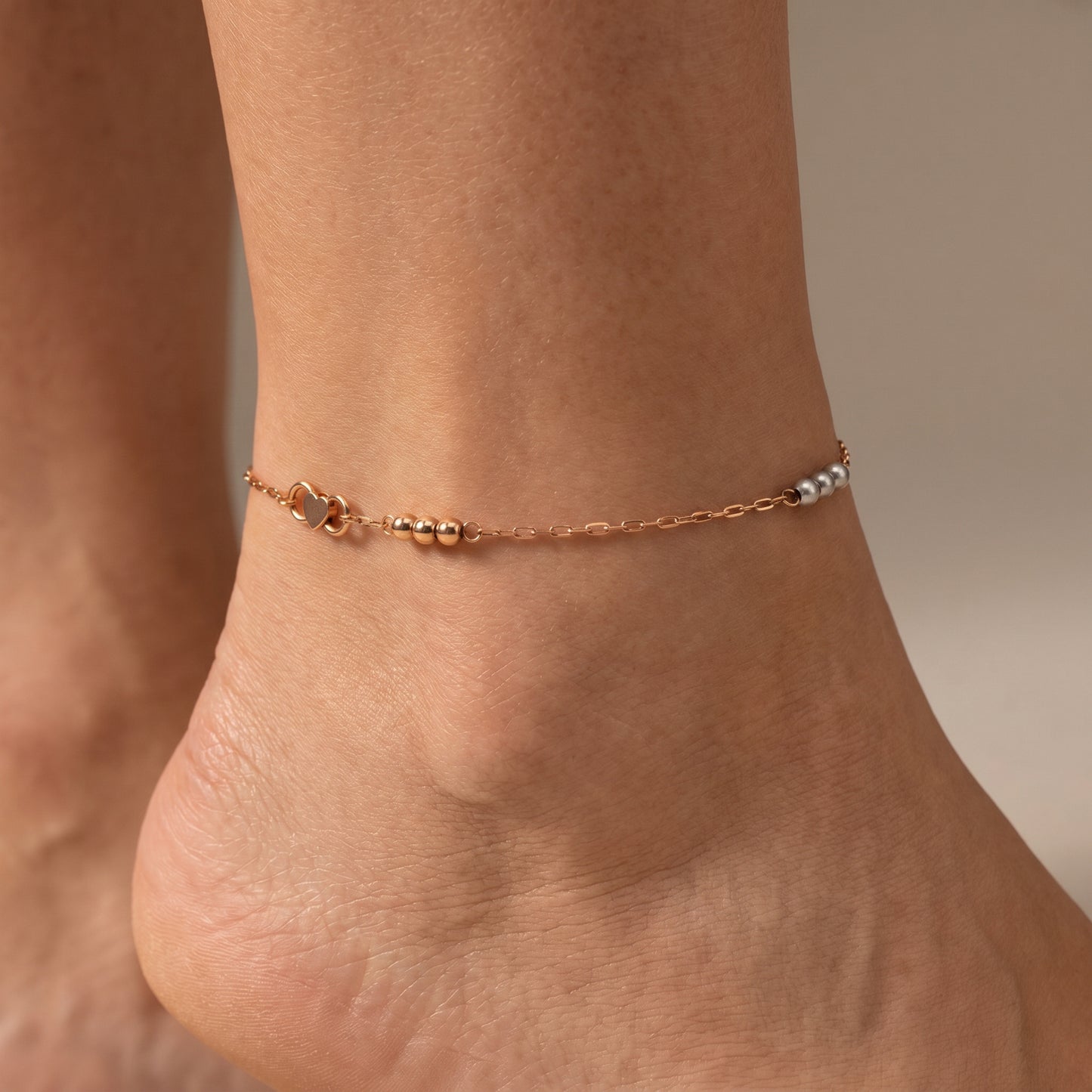 18kt Rose Gold Two-Tone Triple Bead Station Anklet