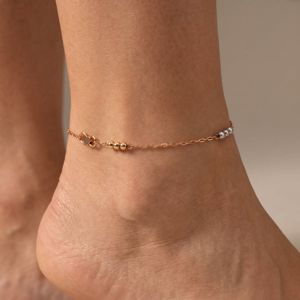 18kt Rose Gold Two-Tone Triple Bead Station Anklet