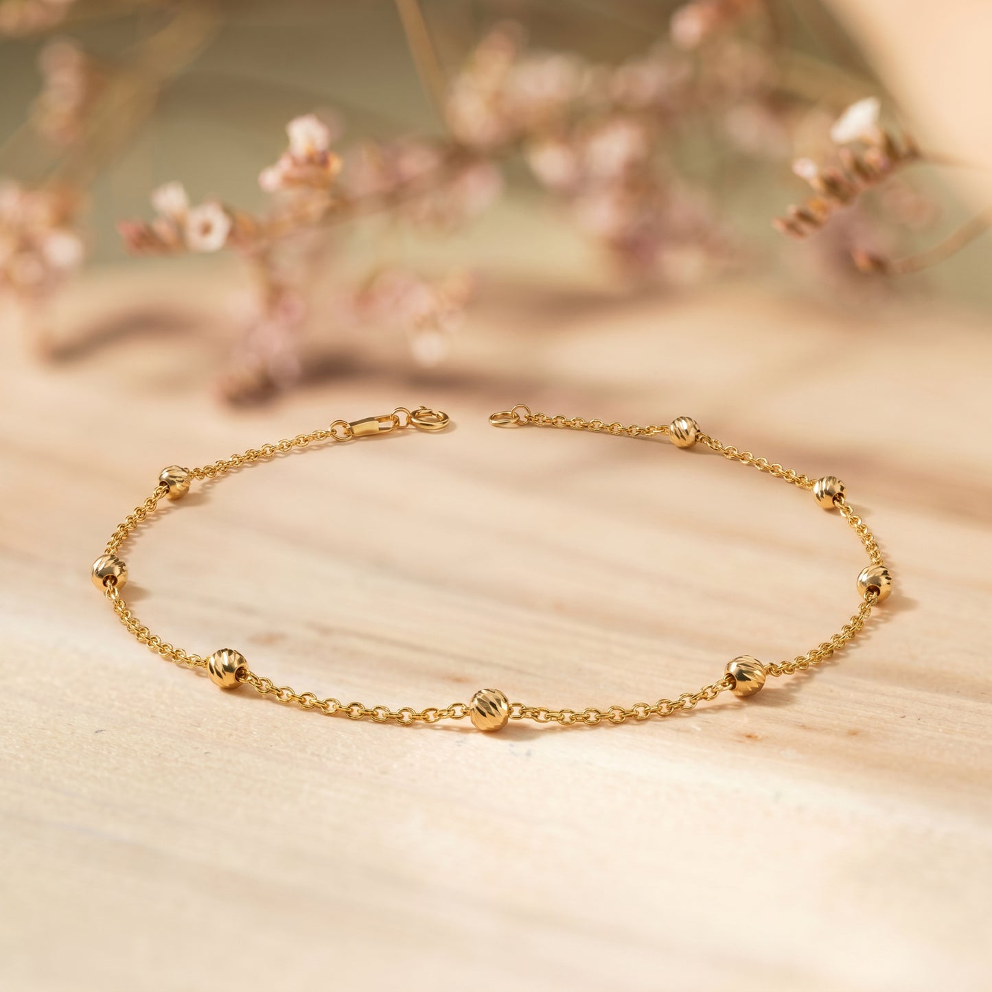 18kt Yellow Gold Diamond Cut Bead Station Anklet for Women