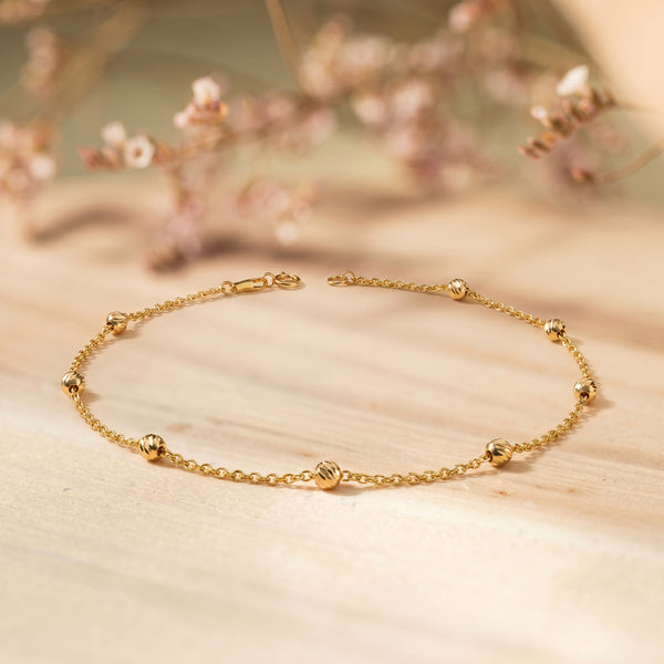 18kt Yellow Gold Diamond Cut Bead Station Anklet for Women