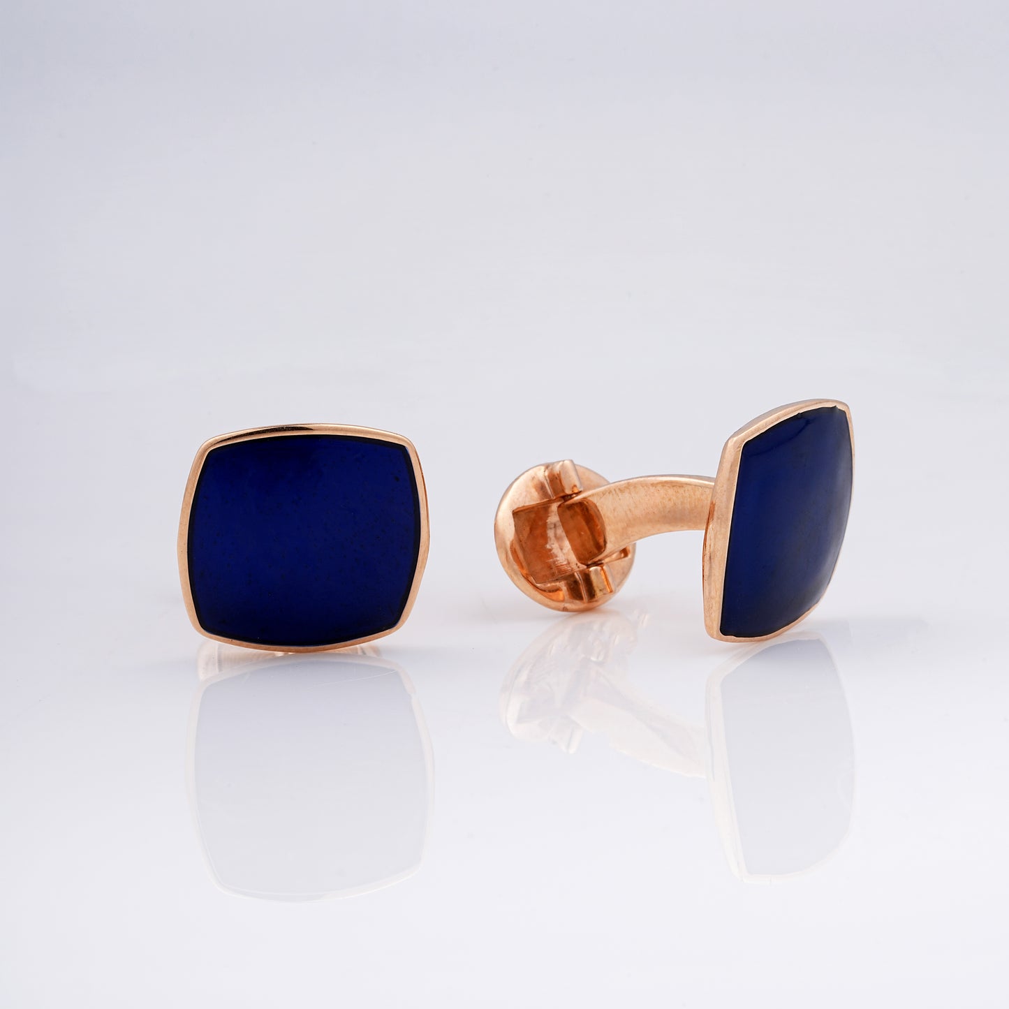 18kt Rose Gold Blue Enamel Cushion Cufflinks for Men  