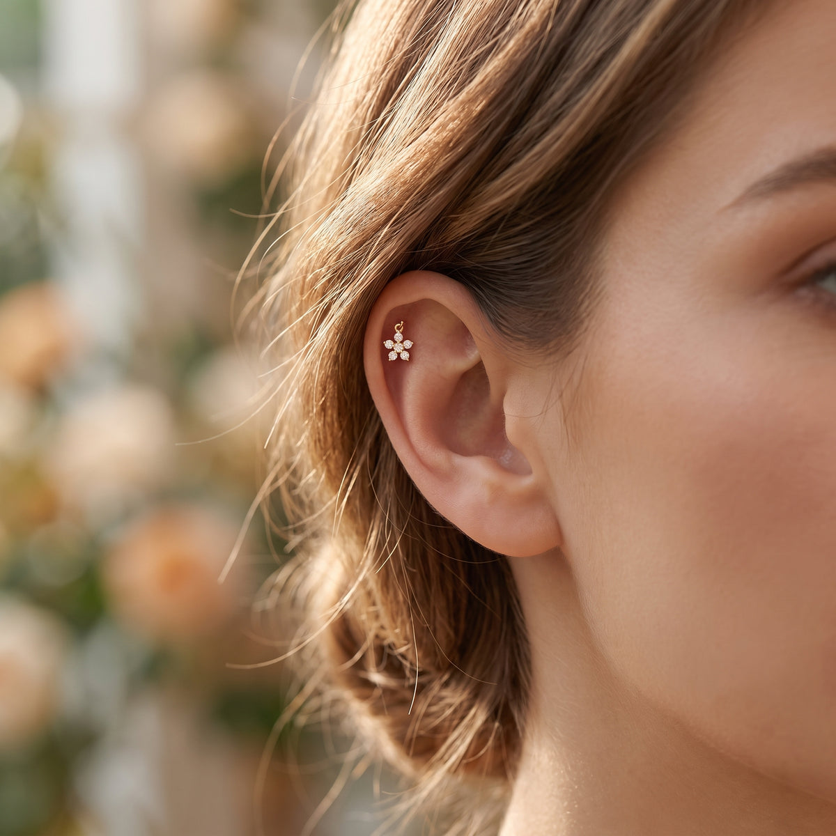 18KT Cartilage Stud Floral Dangling Charm