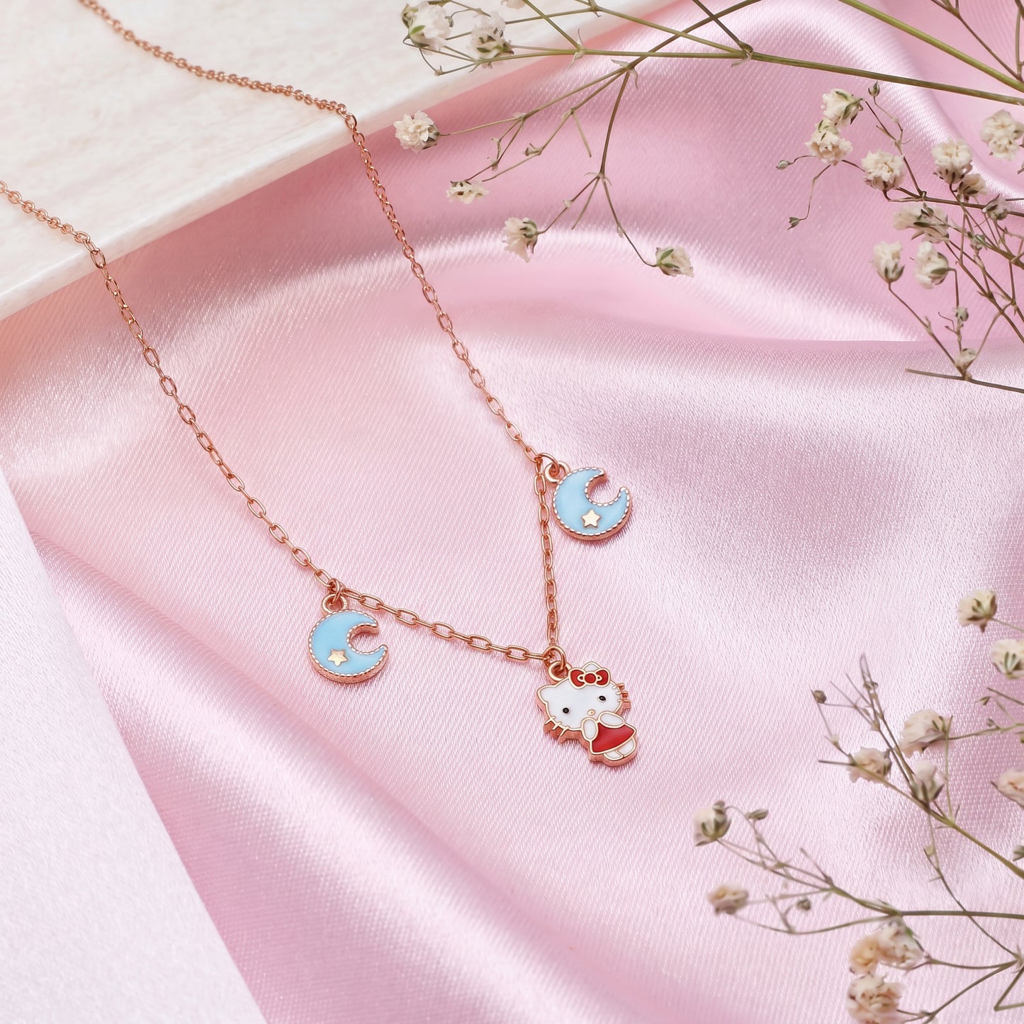 18kt Cute Cat & Moon Enamel Charm Necklace for Kids