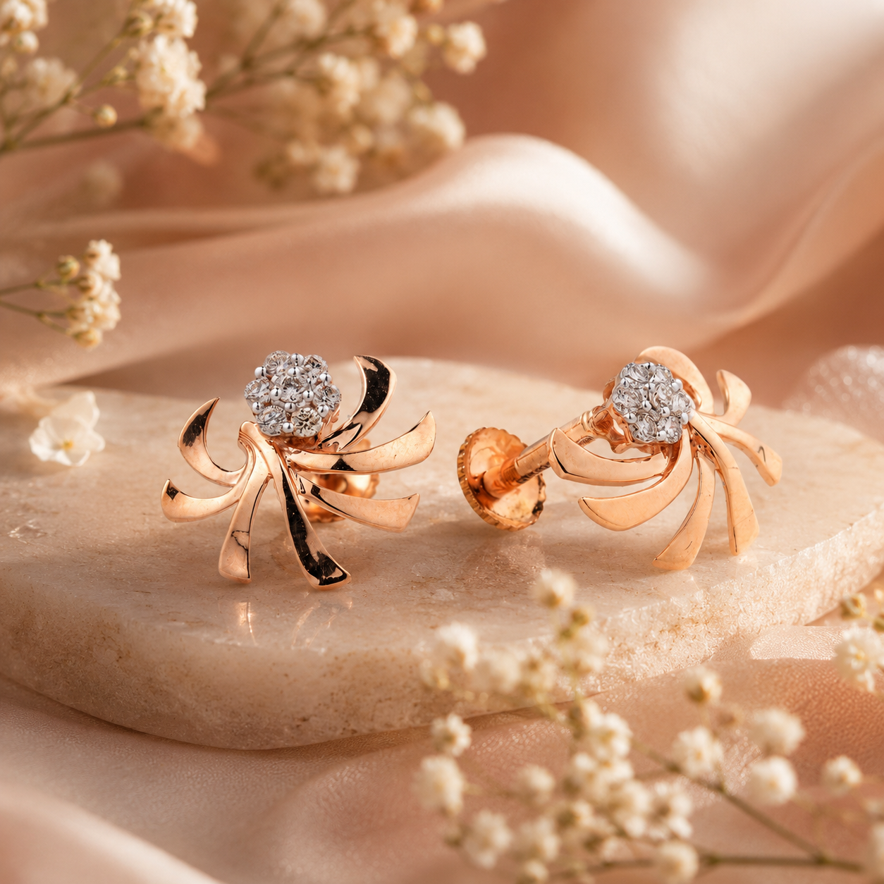 18KT Rose Gold Diamond Pinwheel Stud Earrings Women