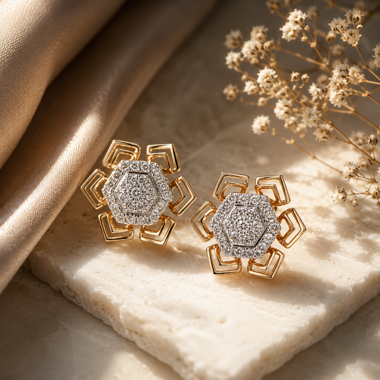 18KT Rose Gold Diamond Hexagon Stud Earrings Women