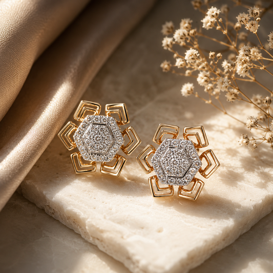 18KT Rose Gold Diamond Hexagon Stud Earrings Women