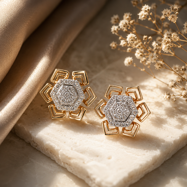 18KT Rose Gold Diamond Hexagon Stud Earrings Women