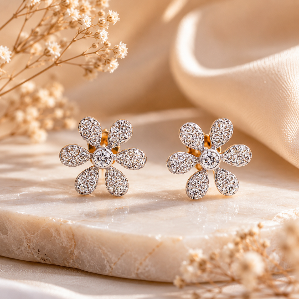 18KT Yellow Gold Diamond Flower Stud Earrings For Women