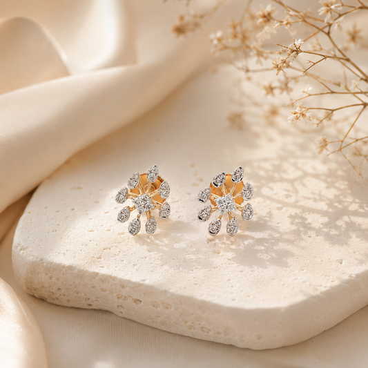18Kt Yellow Gold Diamond Starburst Stud Earrings Women