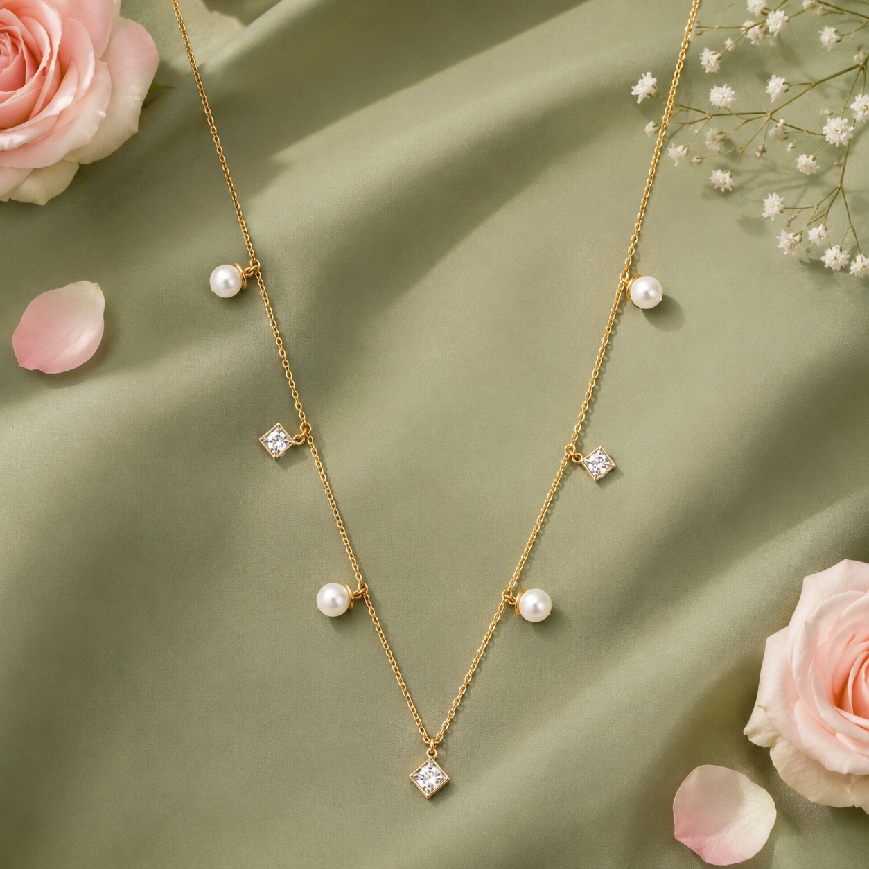 18KT Gold Diamond Pearl Necklace for Women