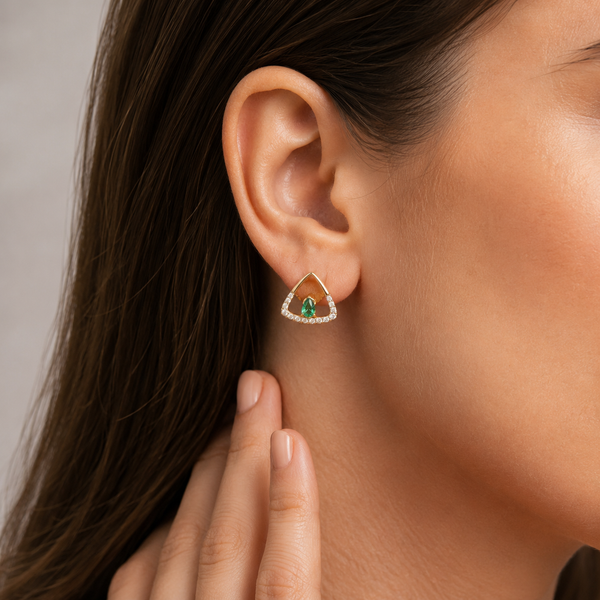 18Kt Yellow Gold Emerald & Diamond Triangle Stud Earrings